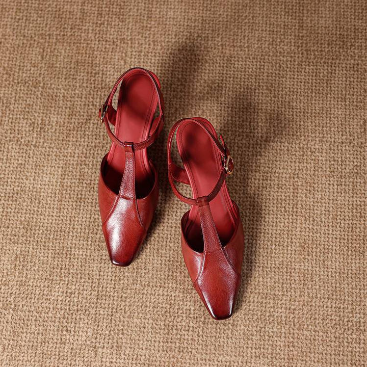 Elain Genuine Leather T-Strap Slingback Heels
