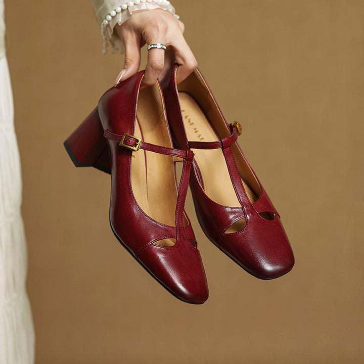 Yuna Genuine Leather T-Strap Mary-Jane Heels