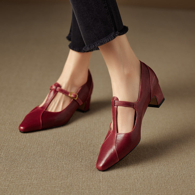 Rovena Genuine Leather T-Strap Heel Pumps