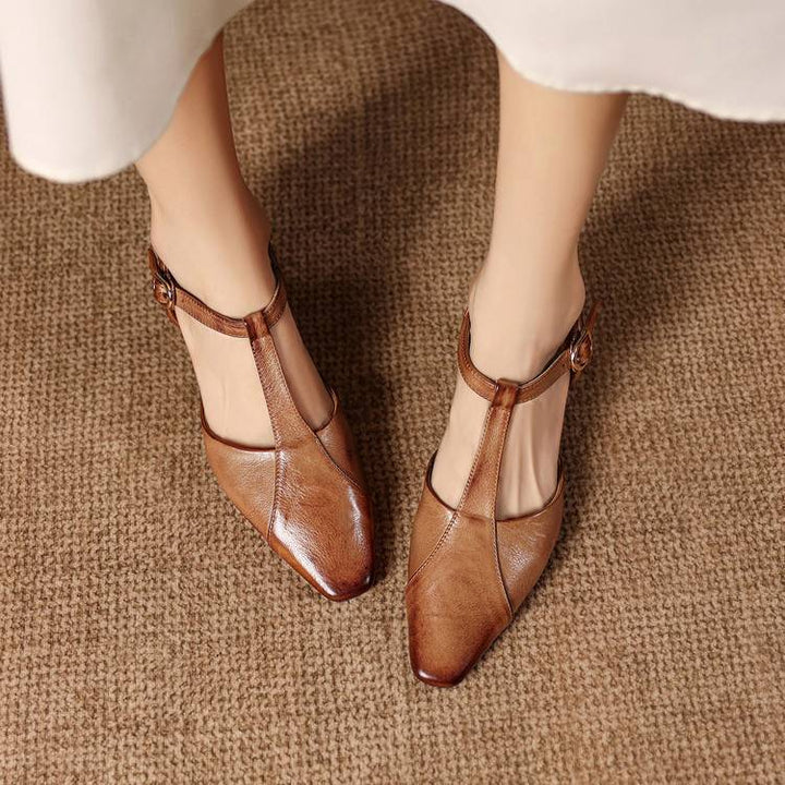 Elain Genuine Leather T-Strap Slingback Heels