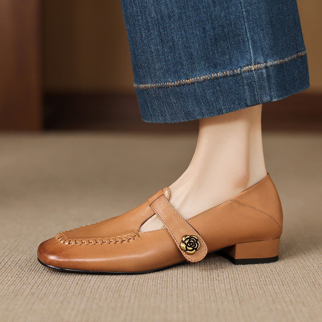 Krea Genuine Leather Whipstitch T-Strap Pumps