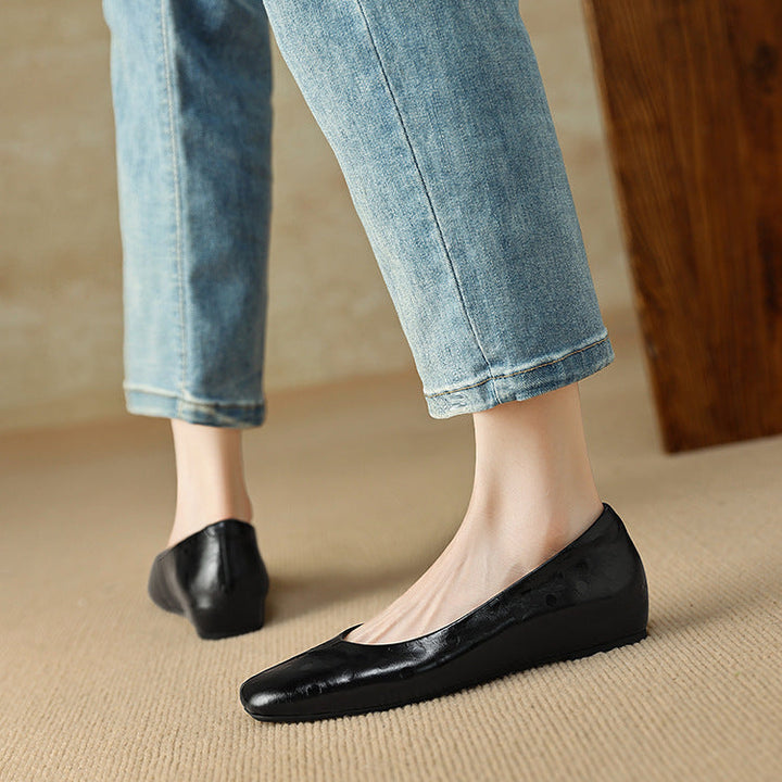 Roma Genuine Leather Square Toe Flat Pumps