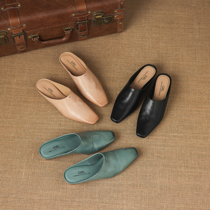 Noelle Genuine Leather Square-Toe Mules