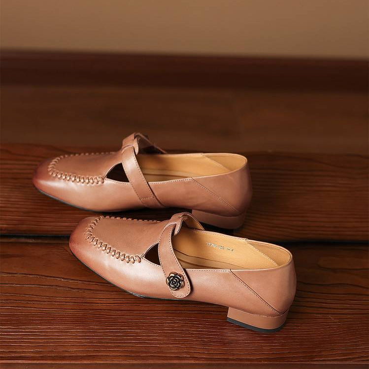 Krea Genuine Leather Whipstitch T-Strap Pumps