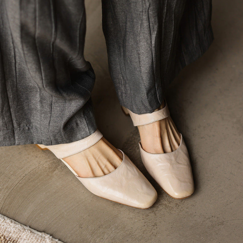 Cavie Genuine Leather Square-Toe Mules