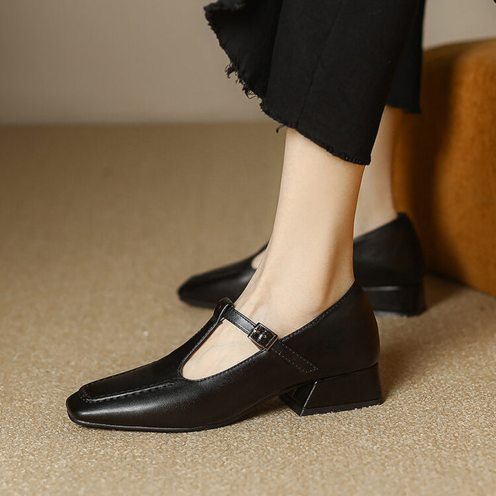 Velora Genuine Leather Square-Toe Mary Jane Pumps