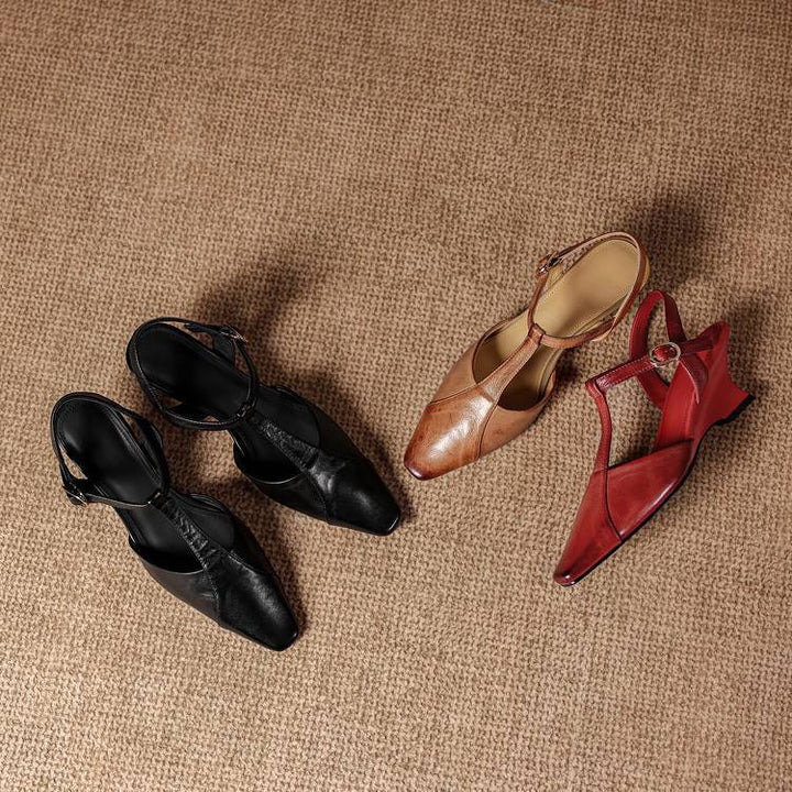 Elain Genuine Leather T-Strap Slingback Heels