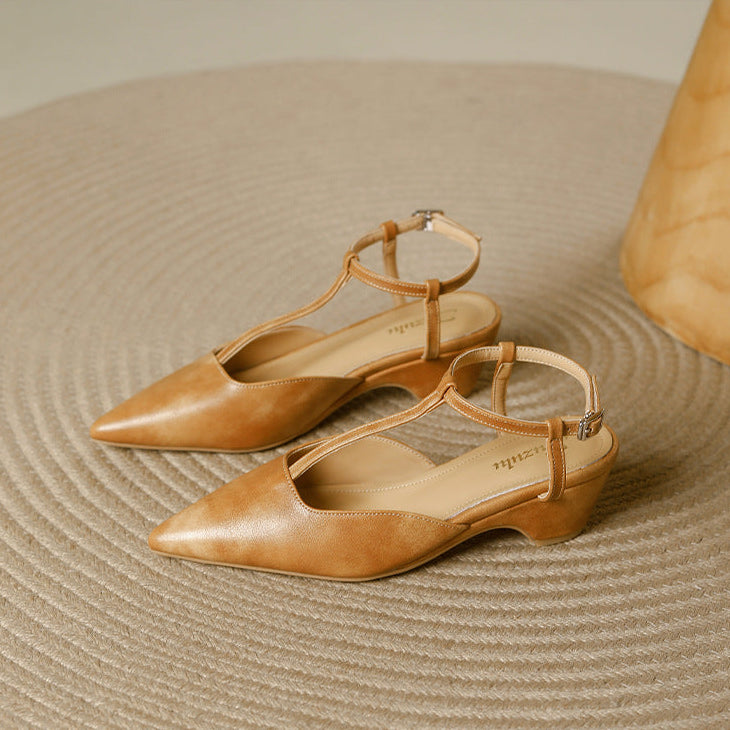 Nelsy Premium Leather T-Strap Slingback Heels
