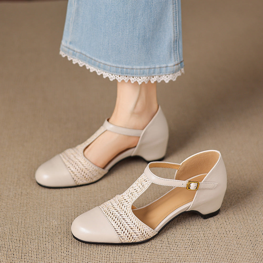 Julie Genuine Leather T-Strap Woven Heels