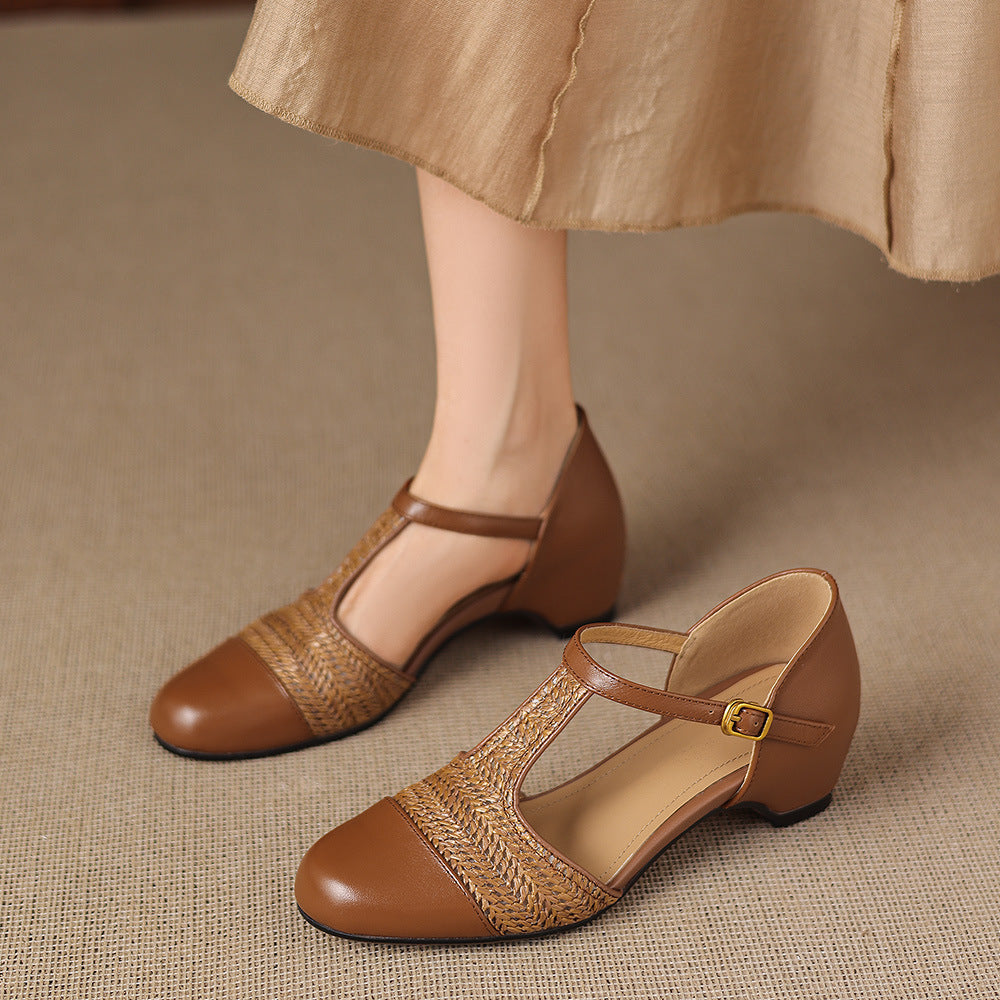 Julie Genuine Leather T-Strap Woven Heels