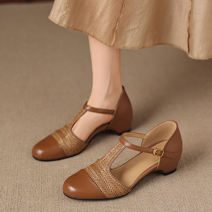 Julie Genuine Leather T-Strap Woven Heels