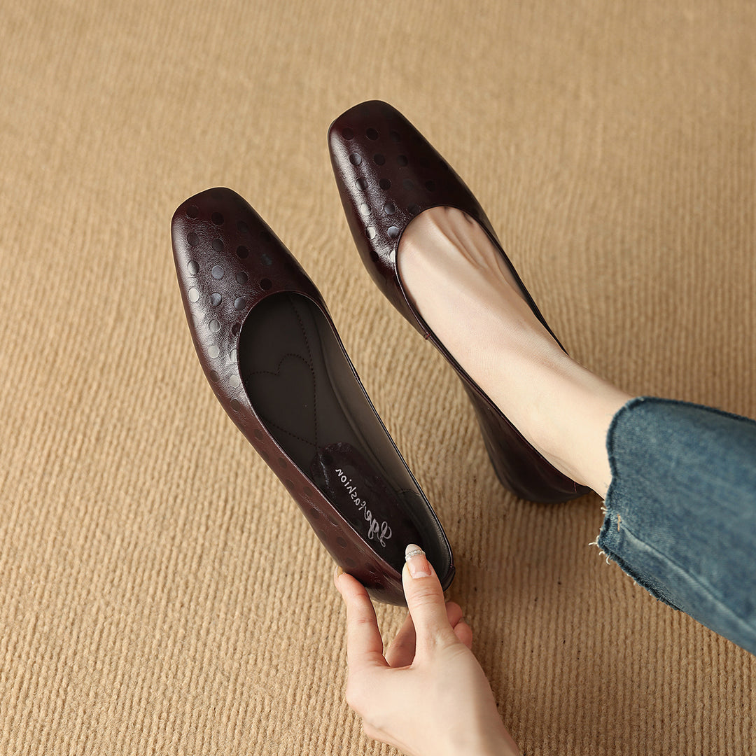 Roma Genuine Leather Square Toe Flat Pumps