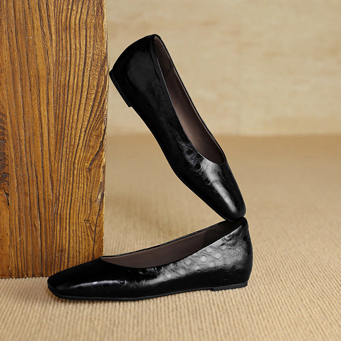 Roma Genuine Leather Square Toe Flat Pumps