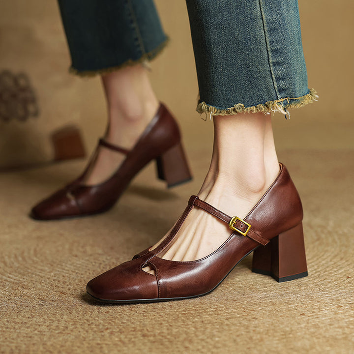 Yuna Genuine Leather T-Strap Mary-Jane Heels