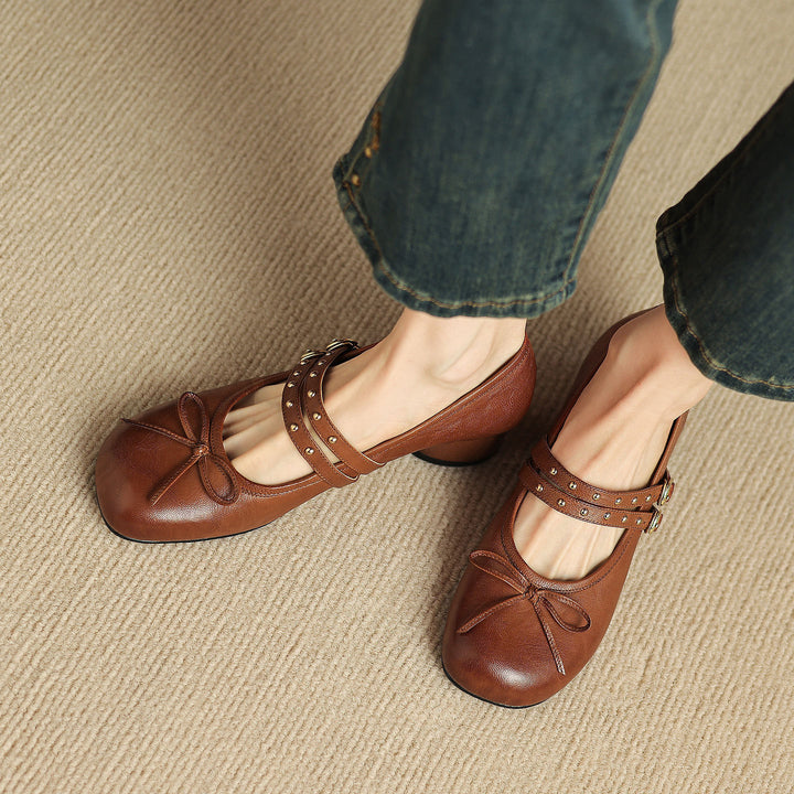 Alba Genuine Leather Studded Mary Jane Pumps