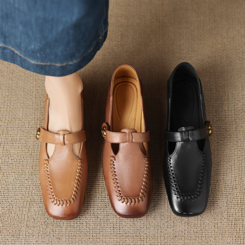 Krea Genuine Leather Whipstitch T-Strap Pumps