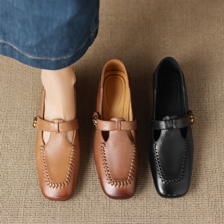Krea Genuine Leather Whipstitch T-Strap Pumps