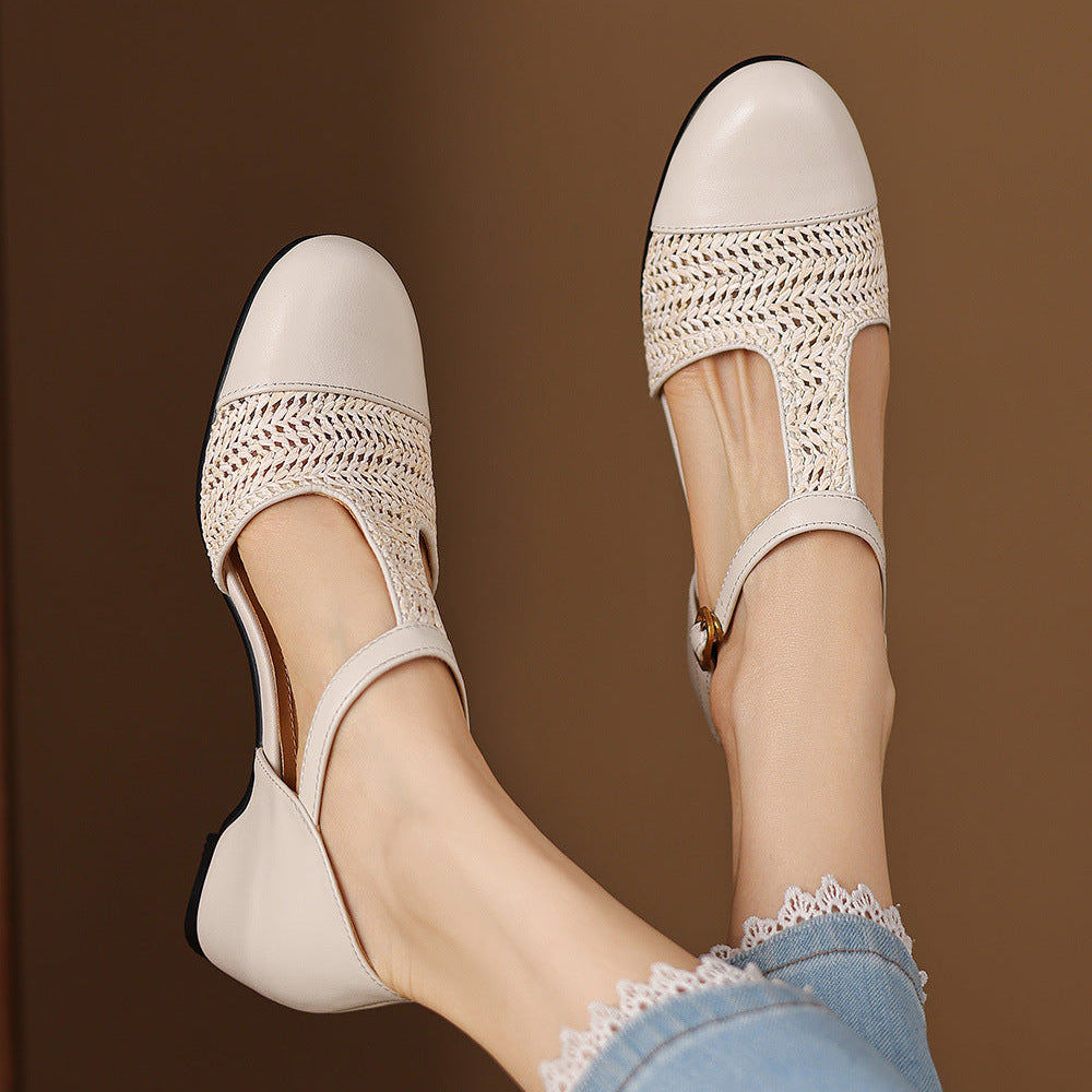 Julie Genuine Leather T-Strap Woven Heels