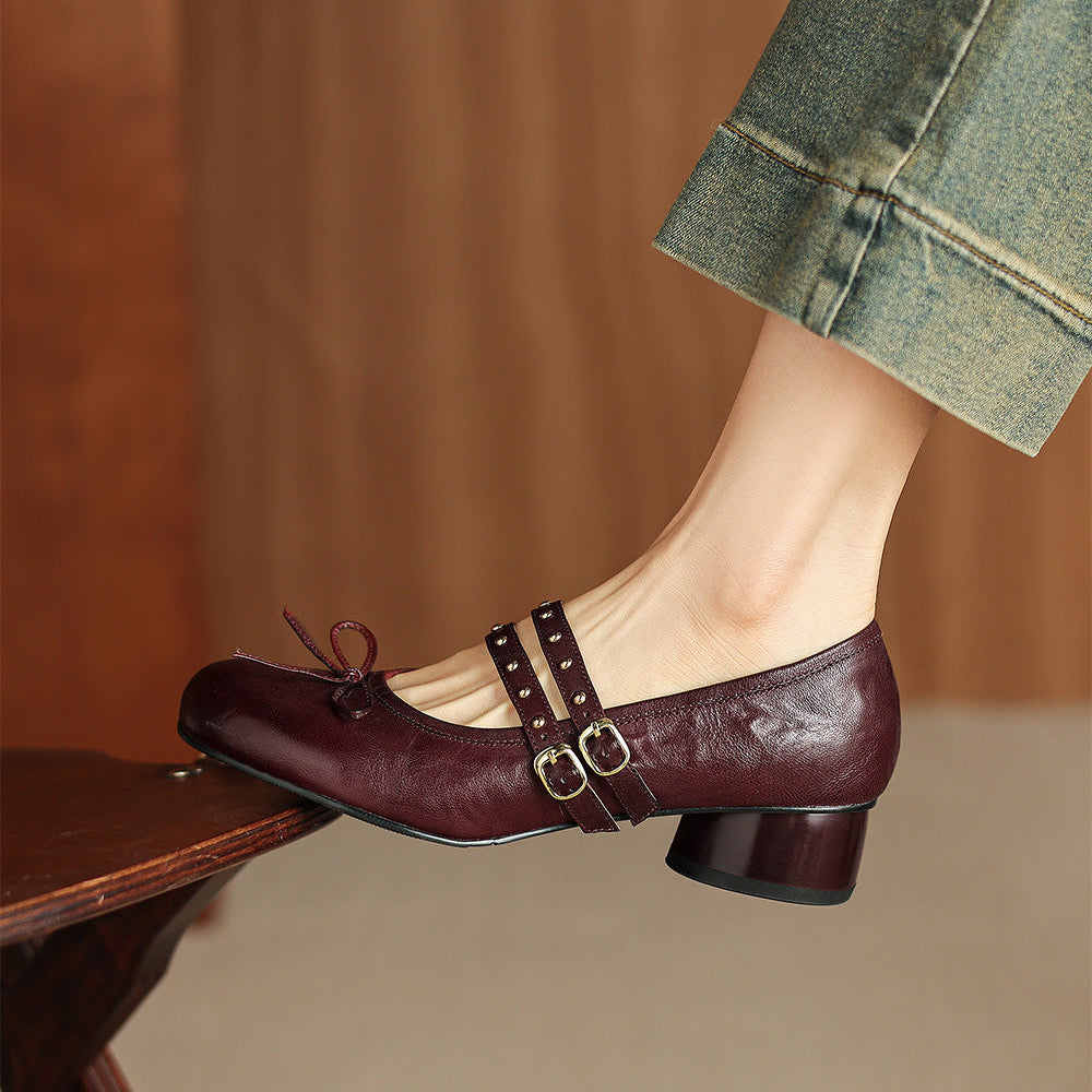 Alba Genuine Leather Studded Mary Jane Pumps