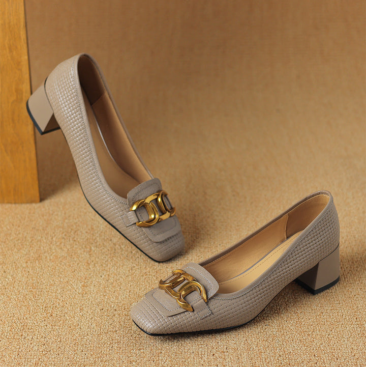 Soho Genuine Leather Block Heel Pumps
