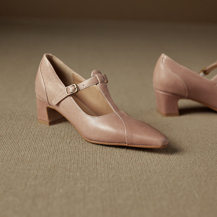 Rovena Genuine Leather T-Strap Heel Pumps