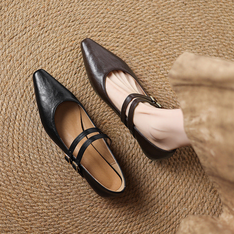 Noel Genuine Leather Dual-Strap Mary Jane Flats