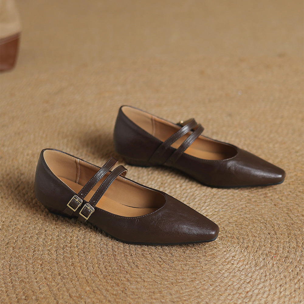 Noel Genuine Leather Dual-Strap Mary Jane Flats