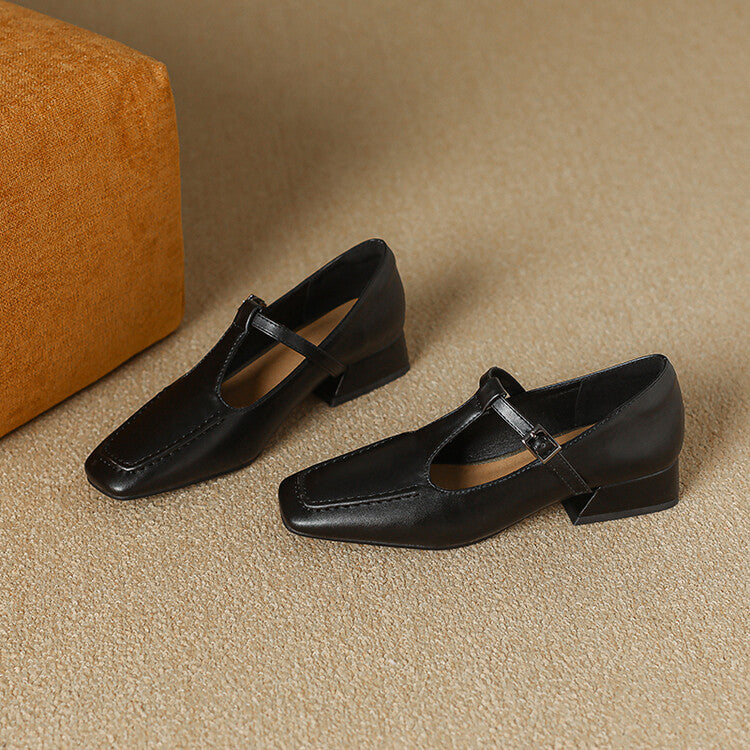 Velora Genuine Leather Square-Toe Mary Jane Pumps