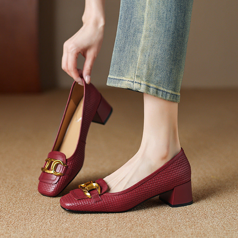 Soho Genuine Leather Block Heel Pumps
