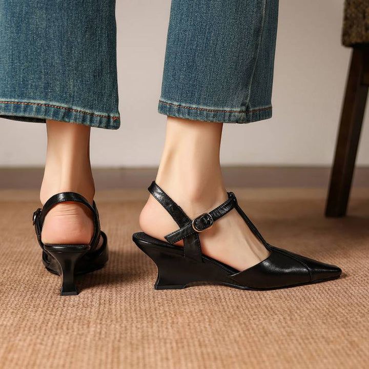 Elain Genuine Leather T-Strap Slingback Heels