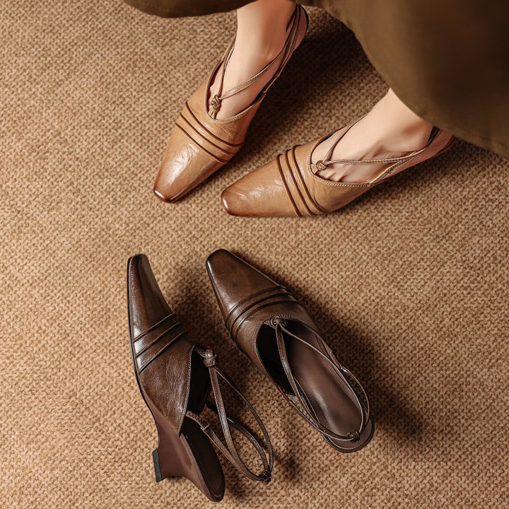 Enola Genuine Leather Cross strap Slingback Heels