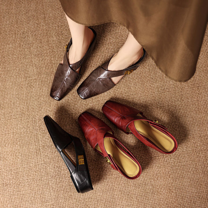 Rea Genuine Leather Square-Toe Mule Pumps