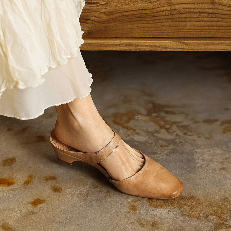 Cavie Genuine Leather Square-Toe Mules