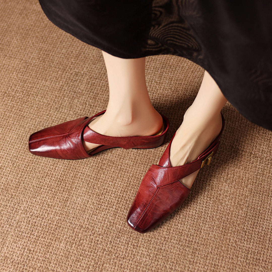 Rea Genuine Leather Square-Toe Mule Pumps