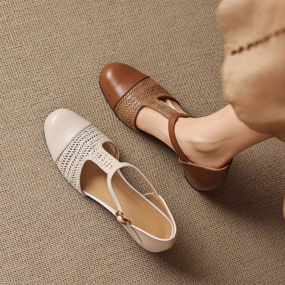 Julie Genuine Leather T-Strap Woven Heels