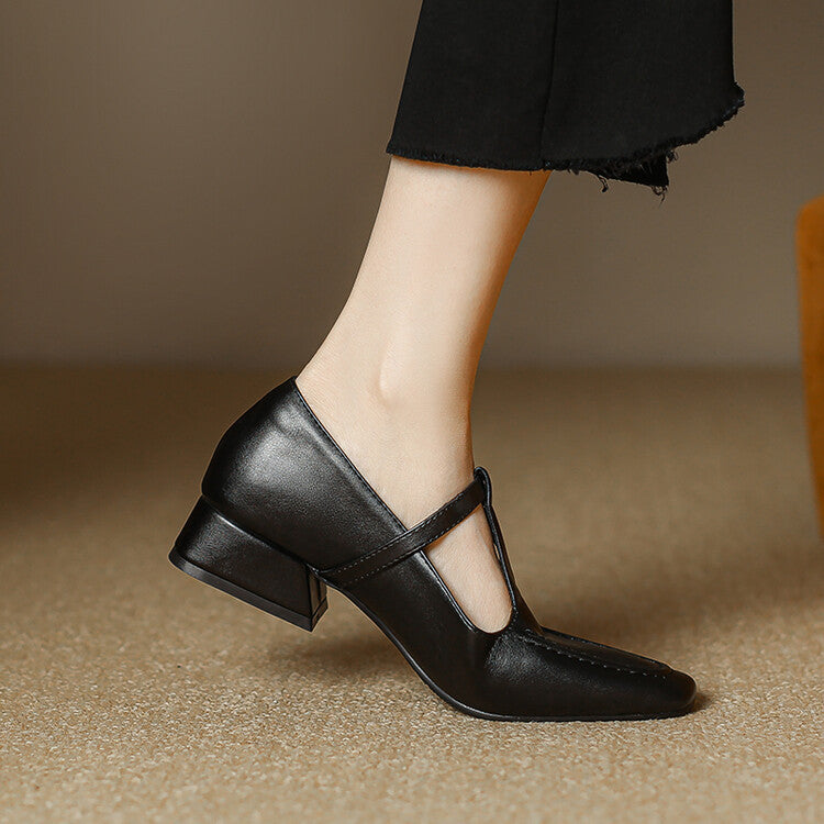 Velora Genuine Leather Square-Toe Mary Jane Pumps