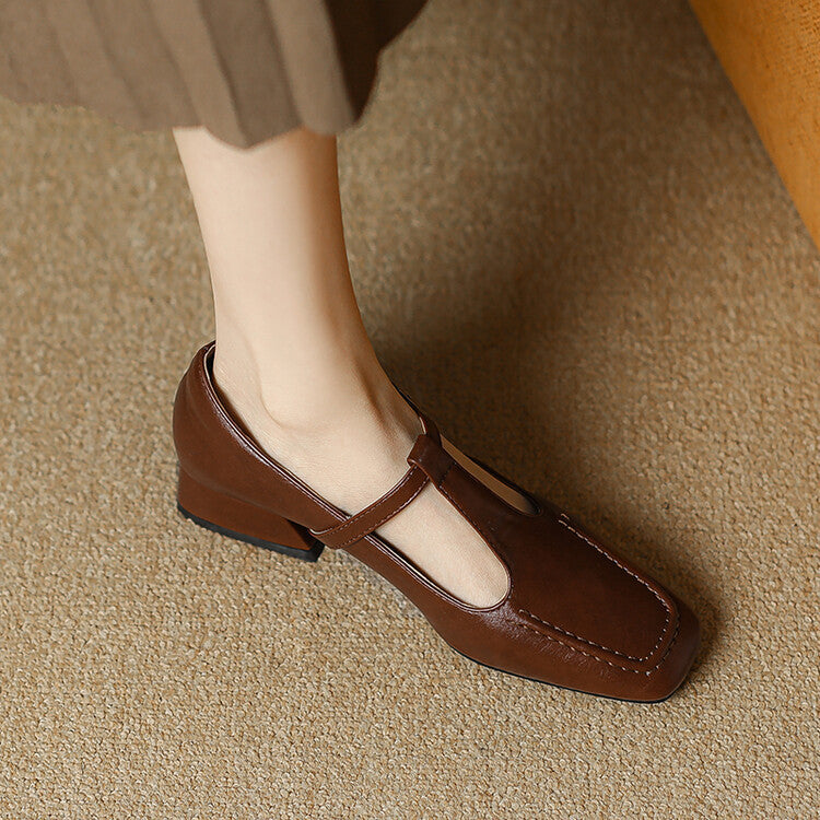 Velora Genuine Leather Square-Toe Mary Jane Pumps