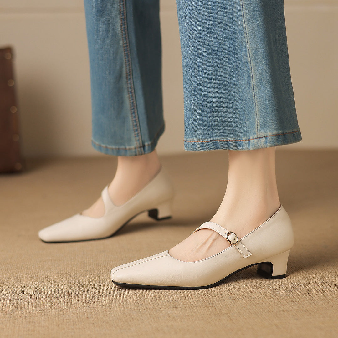 Celes Square Toe Leather Mary Jane Pumps