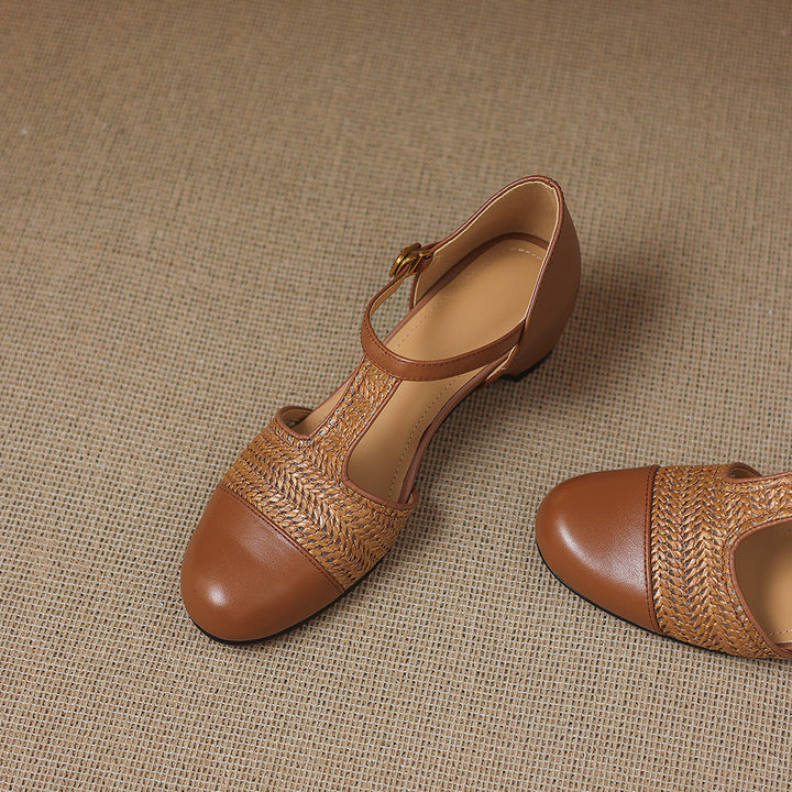 Julie Genuine Leather T-Strap Woven Heels