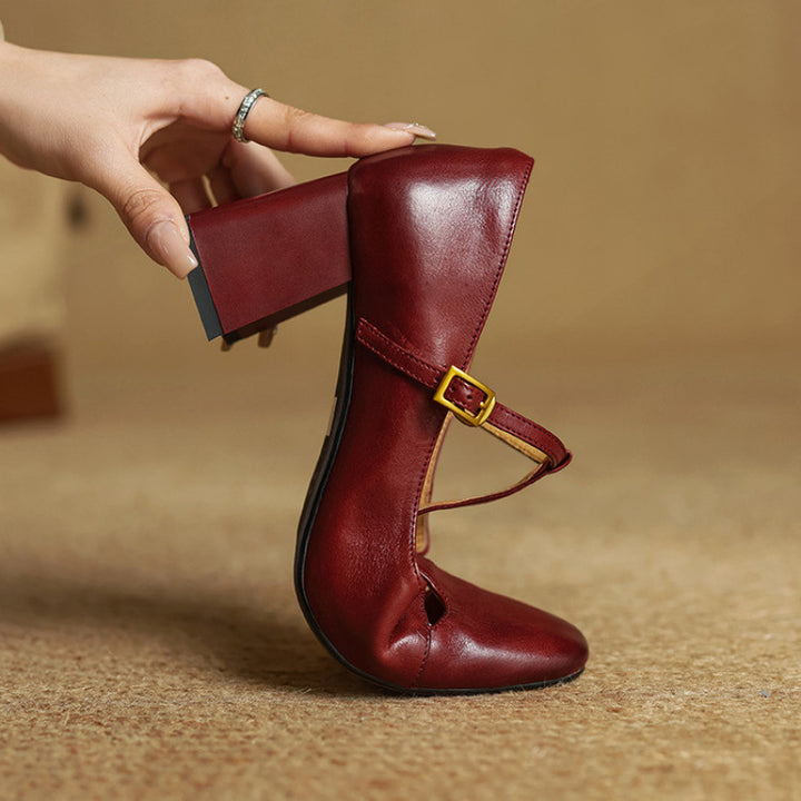 Yuna Genuine Leather T-Strap Mary-Jane Heels