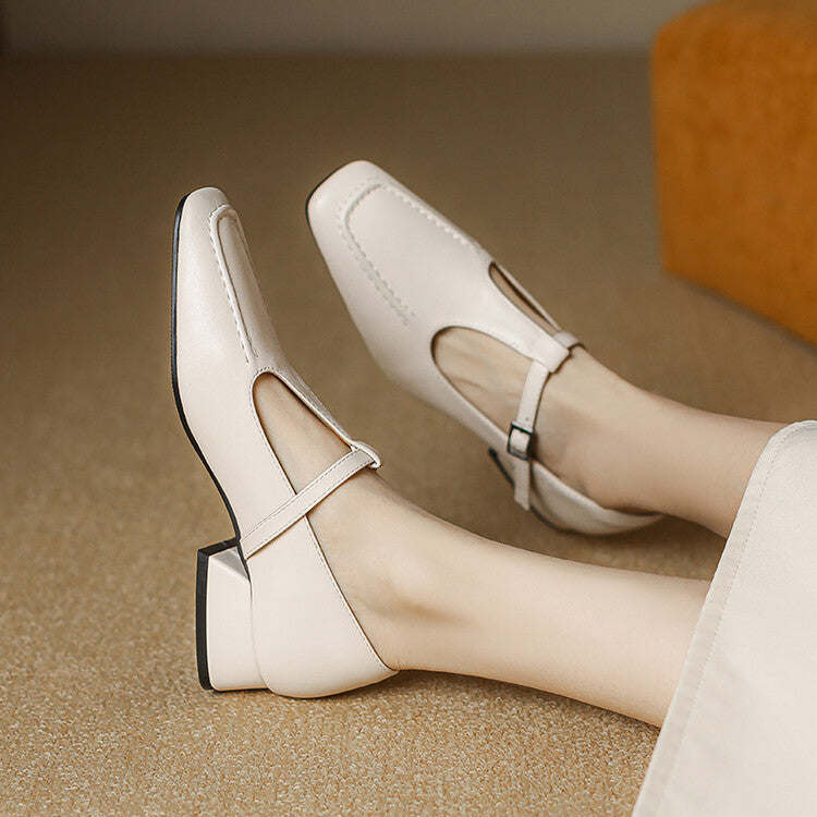 Velora Genuine Leather Square-Toe Mary Jane Pumps