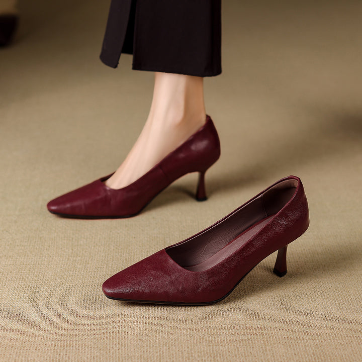Cleva Genuine Leather Square-Toe Heels