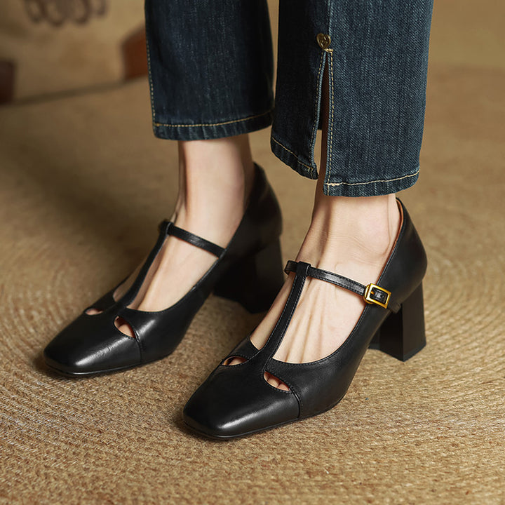Yuna Genuine Leather T-Strap Mary-Jane Heels