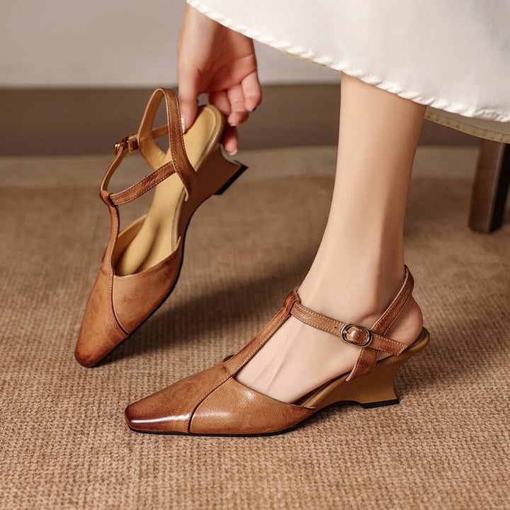 Elain Genuine Leather T-Strap Slingback Heels