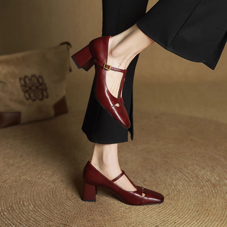 Yuna Genuine Leather T-Strap Mary-Jane Heels