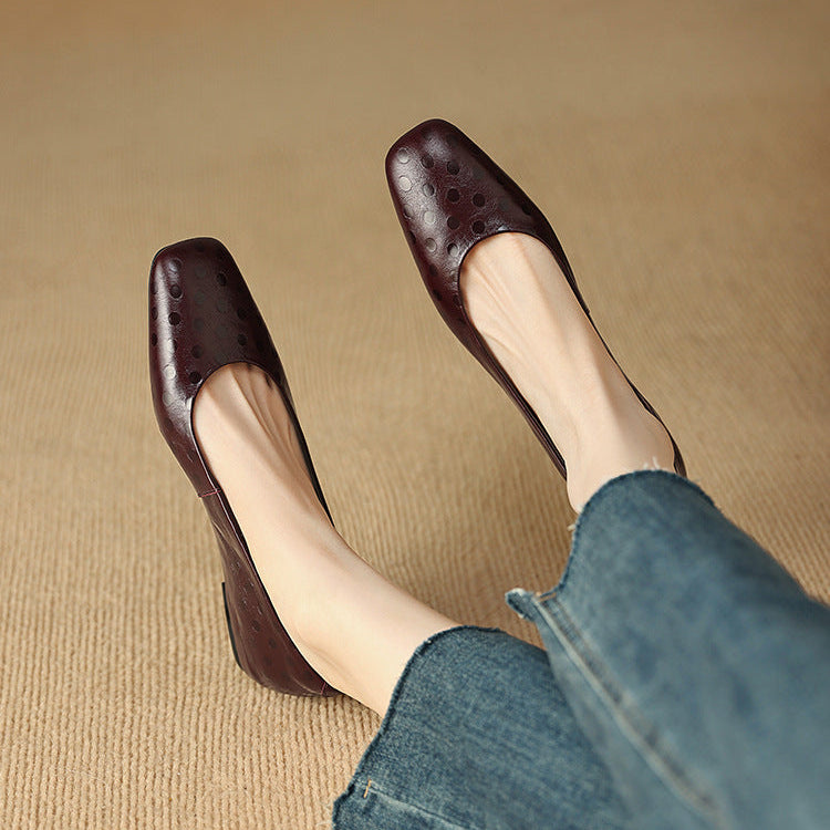 Roma Genuine Leather Square Toe Flat Pumps