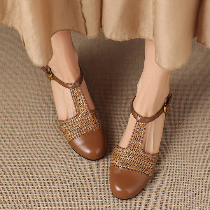 Julie Genuine Leather T-Strap Woven Heels