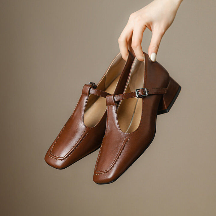 Velora Genuine Leather Square-Toe Mary Jane Pumps
