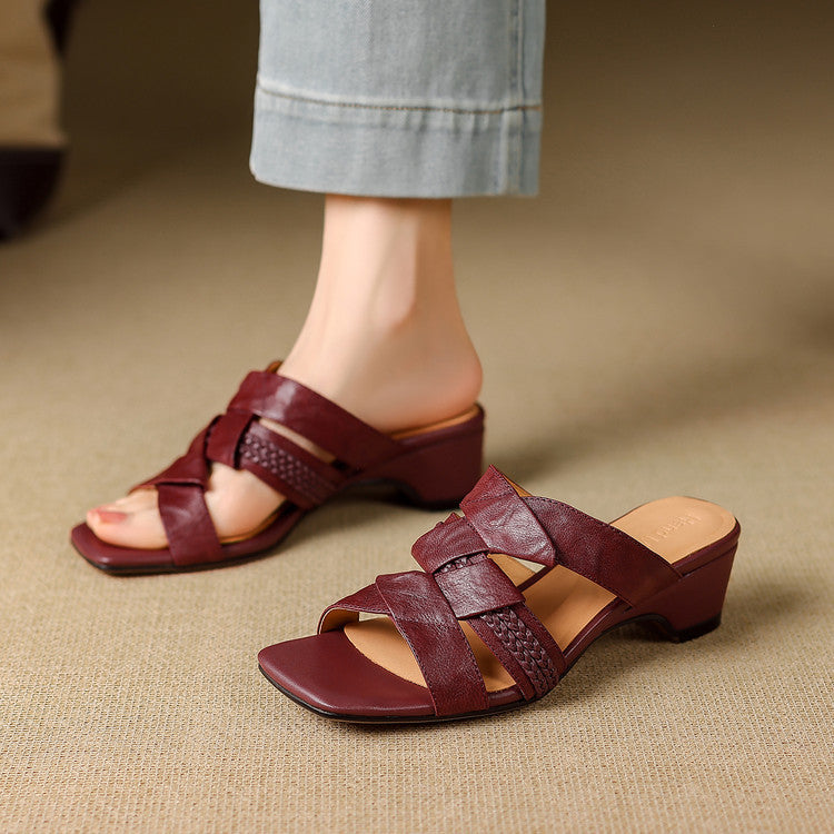 Solae Genuine Leather Square-Toe Slide Sandals