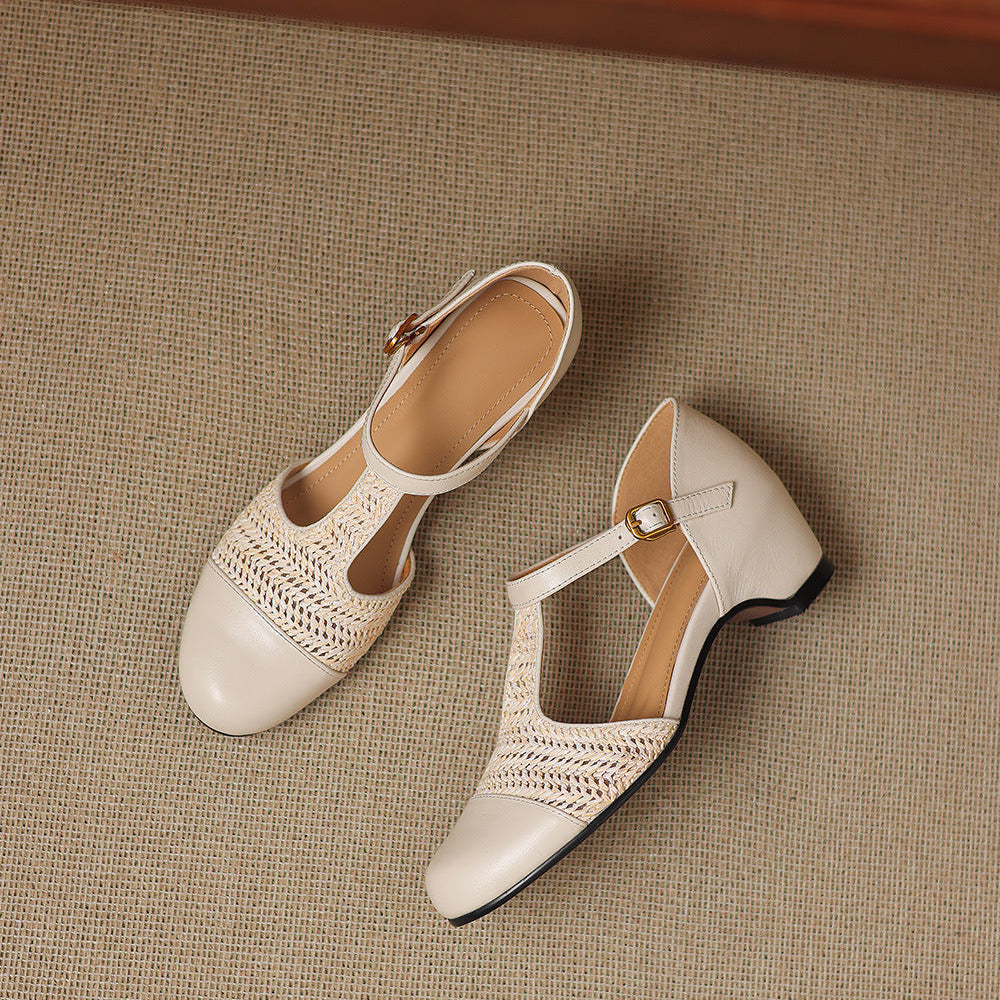 Julie Genuine Leather T-Strap Woven Heels